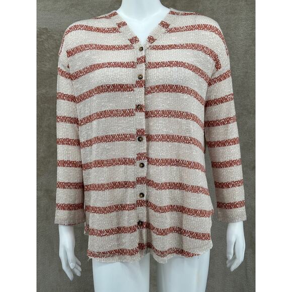 Alya Sweater Womens Medium Sand Stripe Knit Cardigan Stretch V-Neck Cozy Autumn - Picture 1 of 11
